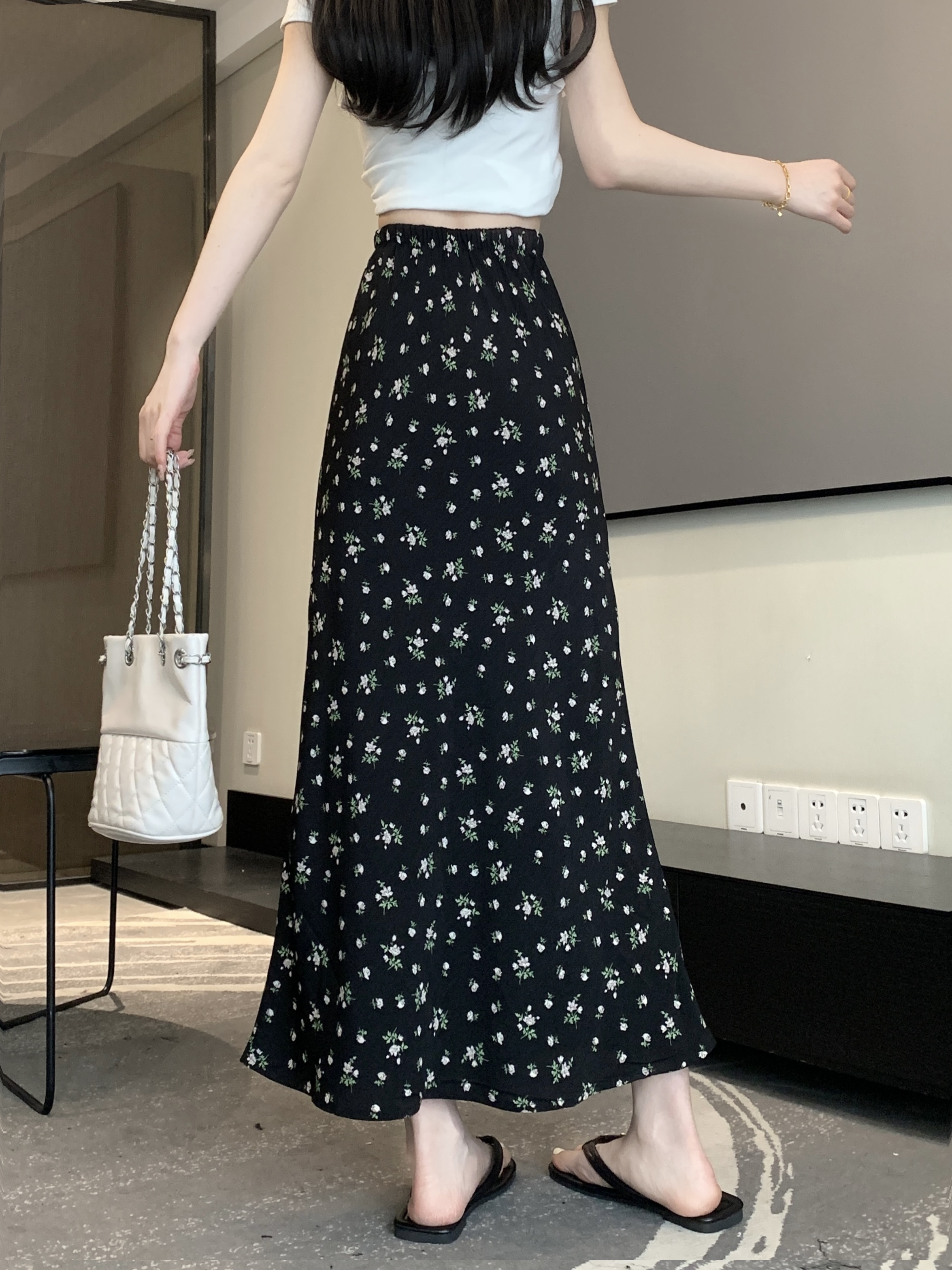 實拍~ 法式碎花松緊高腰遮肉中長裙女韓版百搭a字半身裙子女