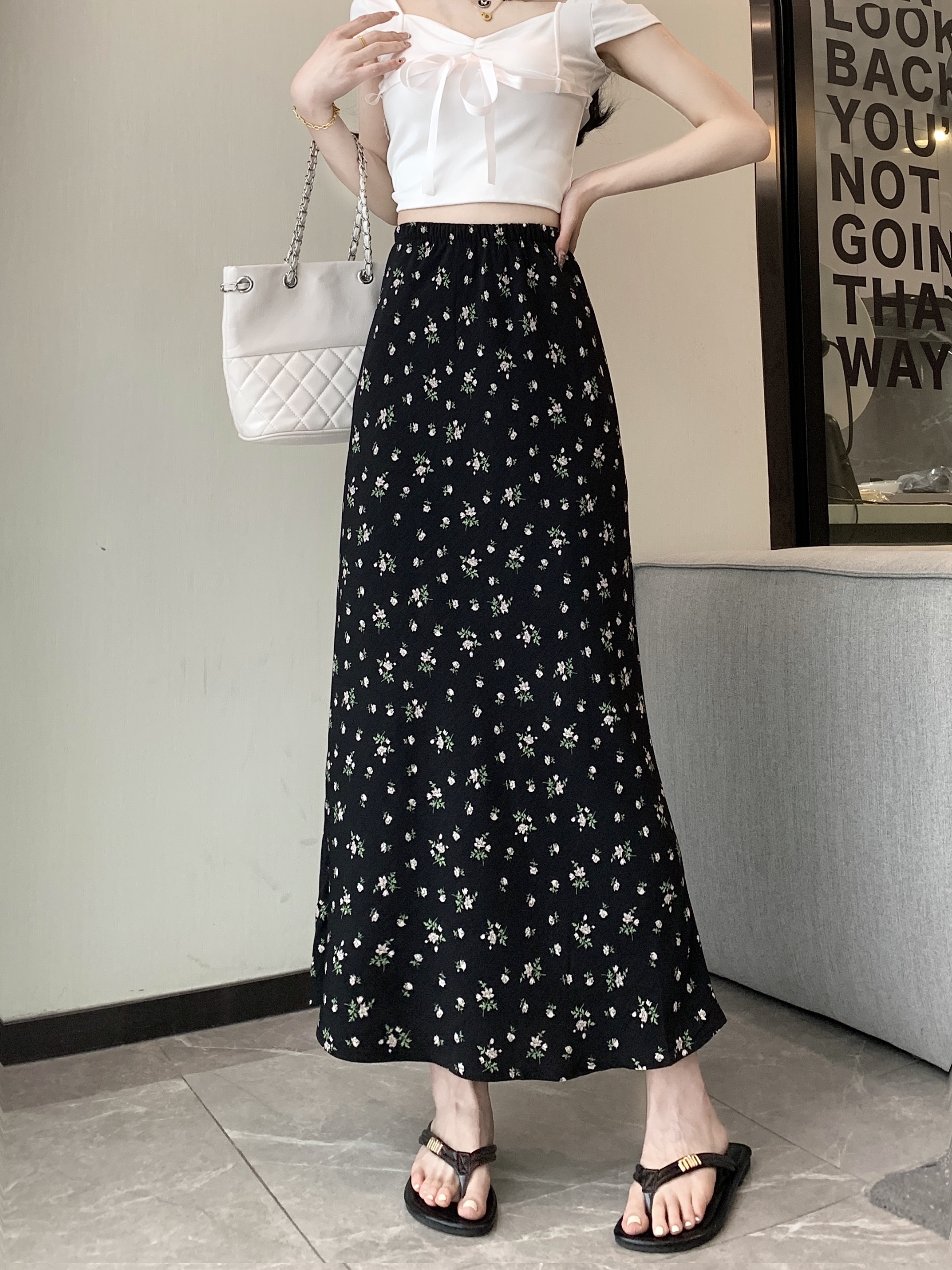 實拍~ 法式碎花松緊高腰遮肉中長裙女韓版百搭a字半身裙子女
