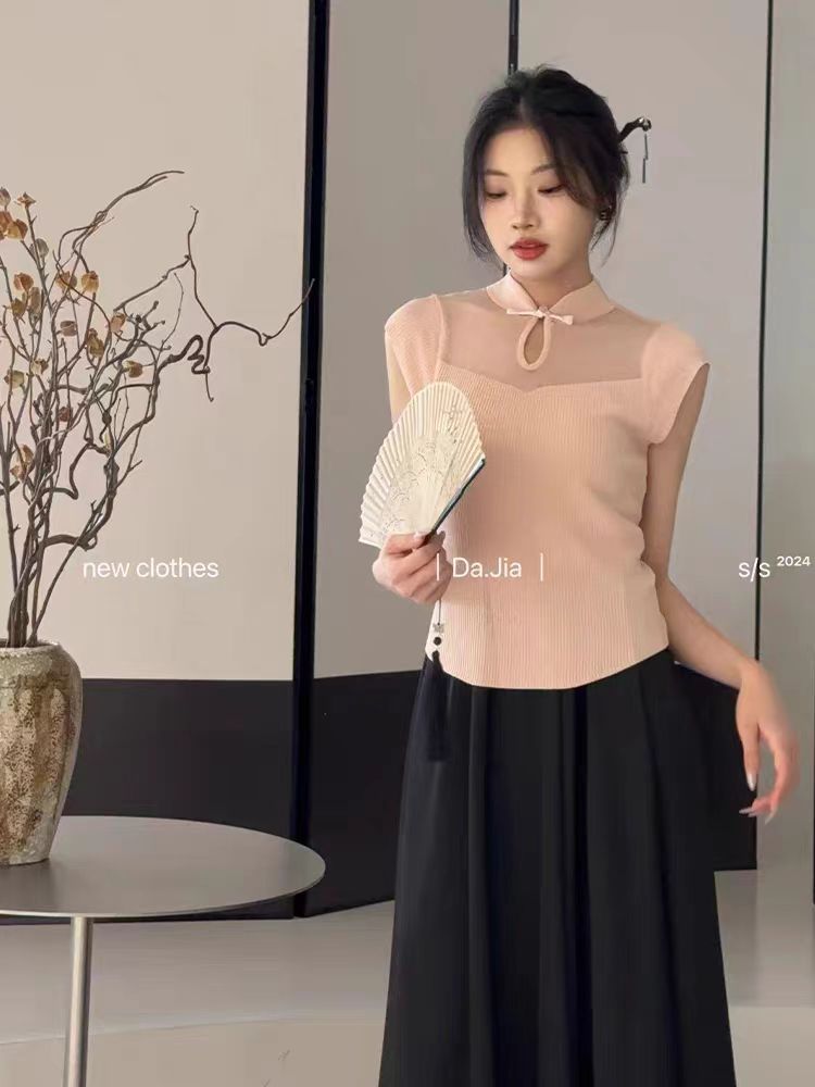 微透复古新中式国风针织女春夏无袖修身显瘦设计感立扣短袖上衣