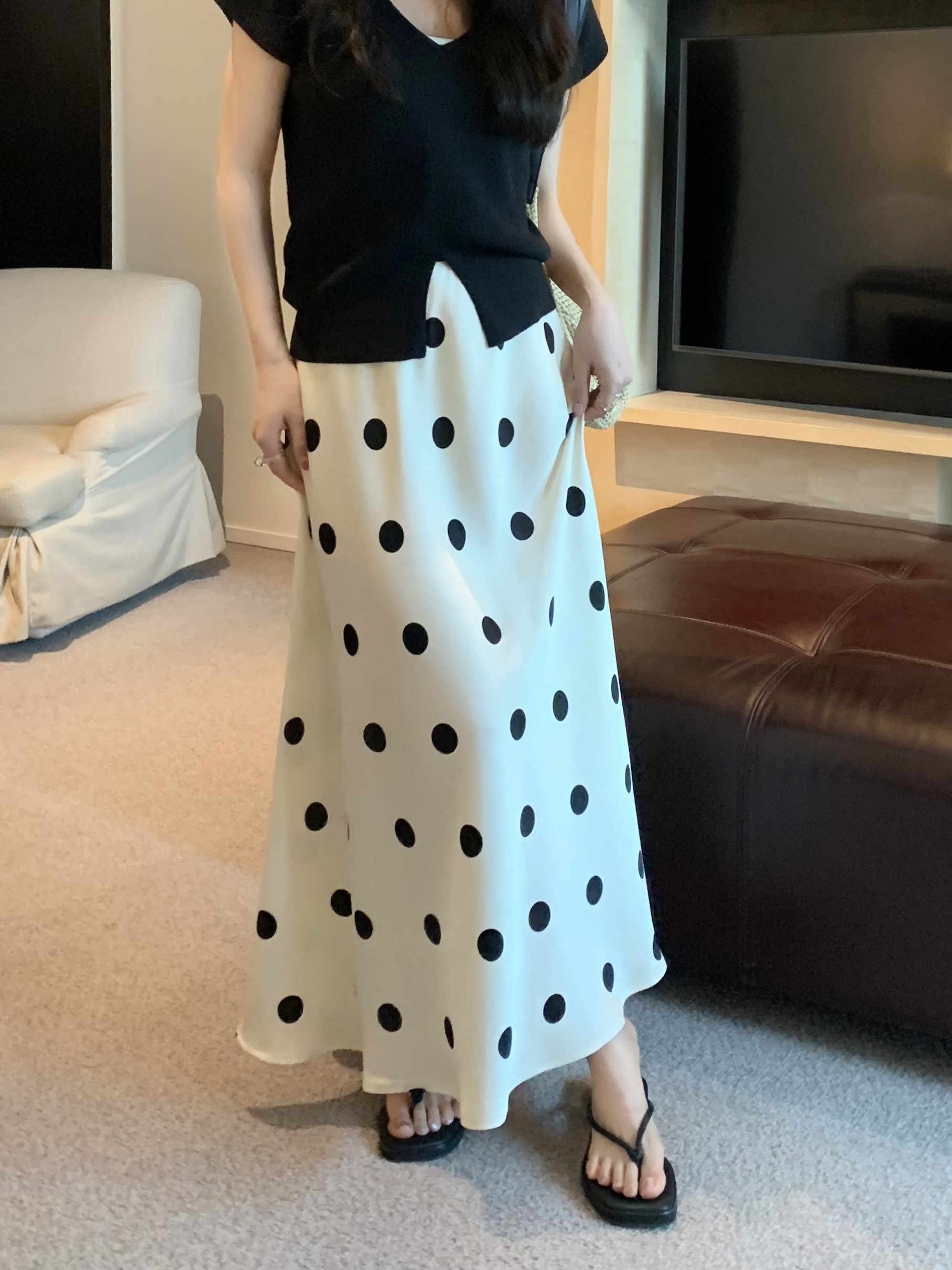 Actual shot ~ Acetate polka-dot skirt Drapey high-waisted satin A-line fishtail long skirt