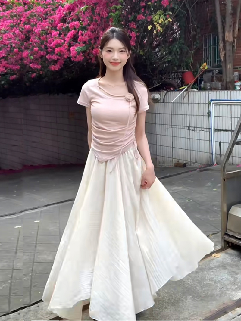 Actual shot ~ Designed rose drawstring short-sleeved top + irregular skirt