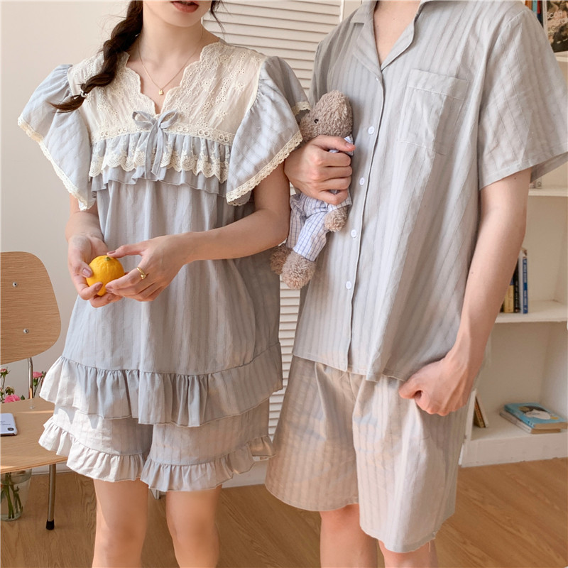 Real shot of Korean version of sweet lace cotton couple casual outer wear short-sleeved shorts suit pajamas short-sleeved nightgown