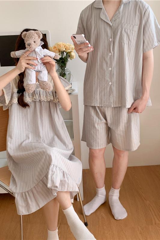 Real shot of Korean version of sweet lace cotton couple casual outer wear short-sleeved shorts suit pajamas short-sleeved nightgown