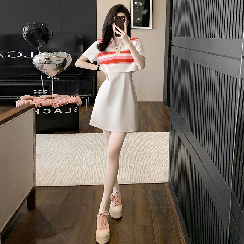 polo white dress for women summer 2024 new style temperament waist small fake two-piece high-end light luxury casual skirt