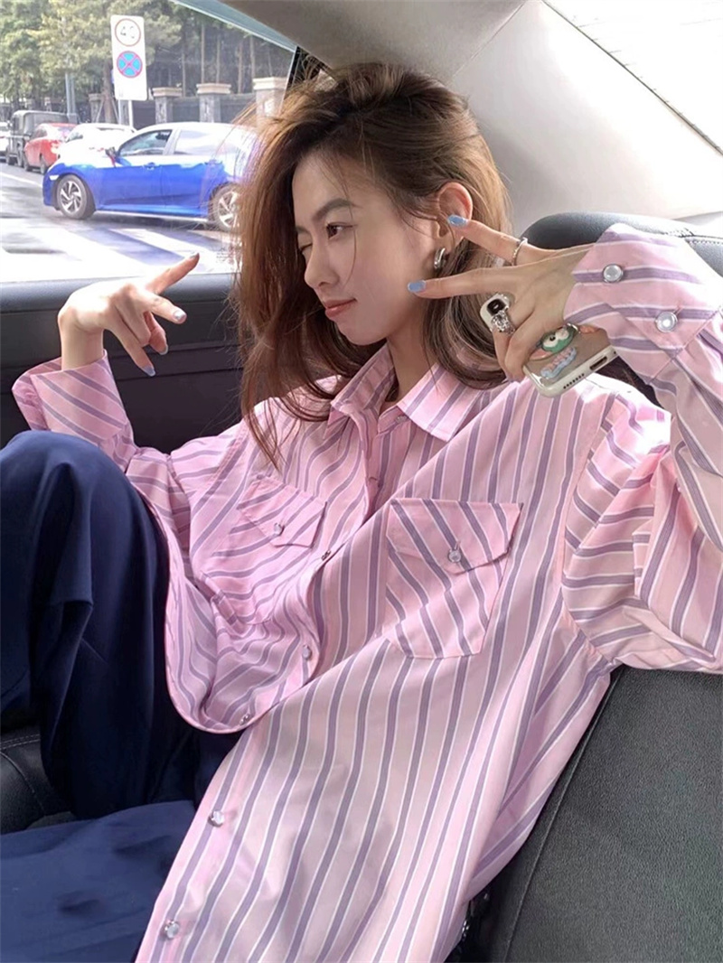 2024 spring new Korean style loose, slim and high-end pink striped shirt tops for women with niche design