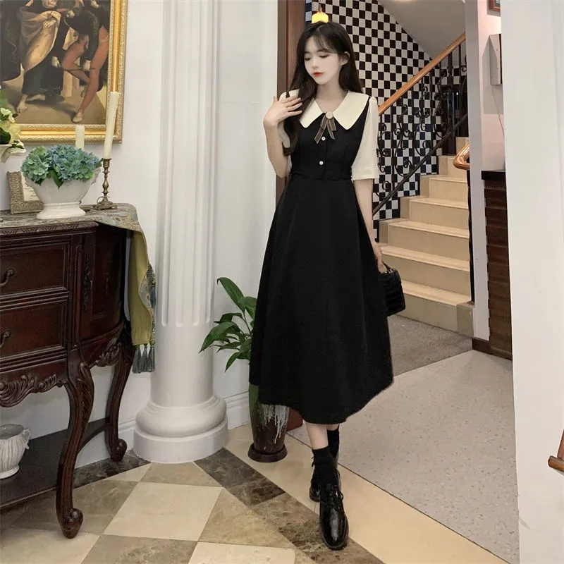 Large size 200 pounds niche French retro college style doll collar waist slimming dress women's summer splicing skirt