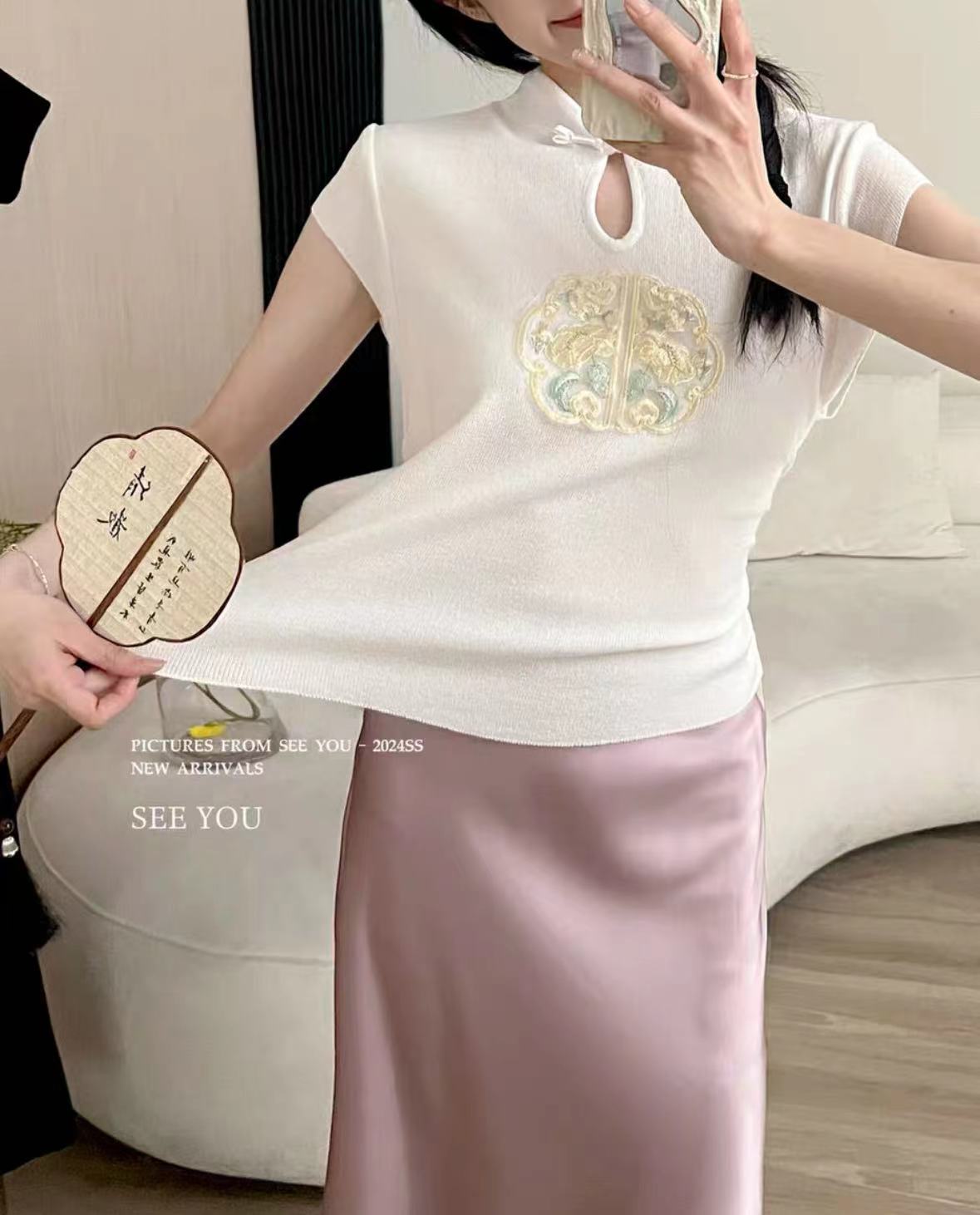 New Chinese style national style embroidered stand collar short-sleeved sweater for women summer new slim fit short chic T-shirt top