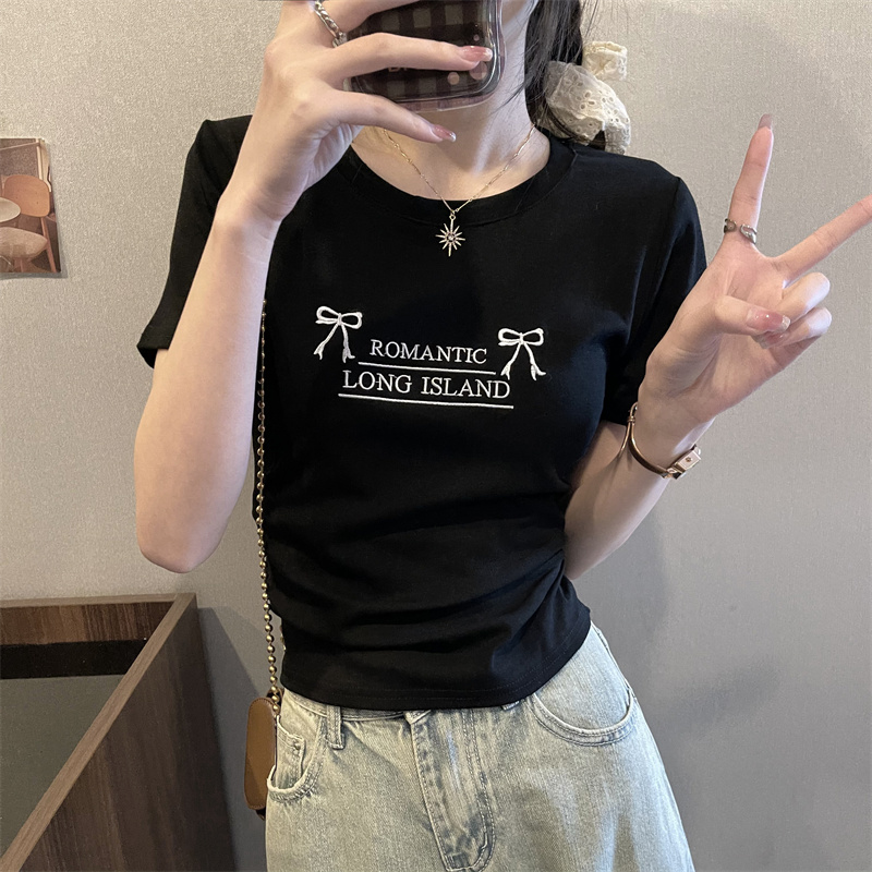 Real shot round neck short sleeve double bow letter short T-shirt women's summer right shoulder petite top