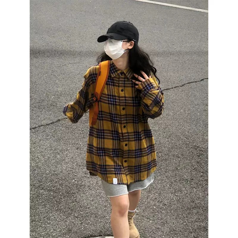 Hong Kong style retro yellow plaid shirt for women spring and autumn new loose casual high-end layered shirt jacket
