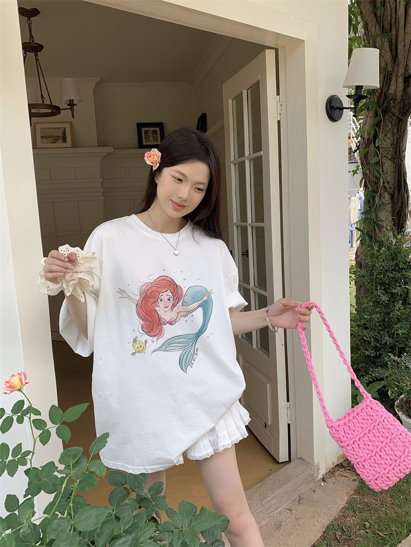 Real shot of cartoon mermaid white short-sleeved T-shirt for women loose Korean style early spring wear round neck casual top