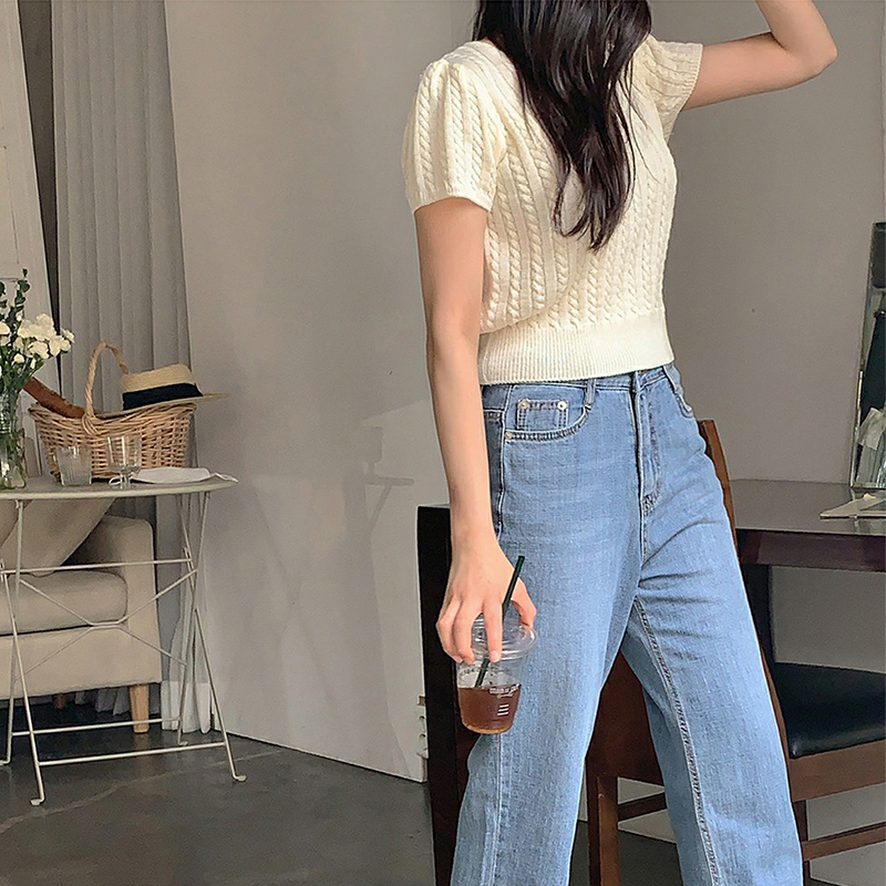 Original real shot heavy industry twist short-sleeved sweater back button button round neck sweater beautiful girl short top