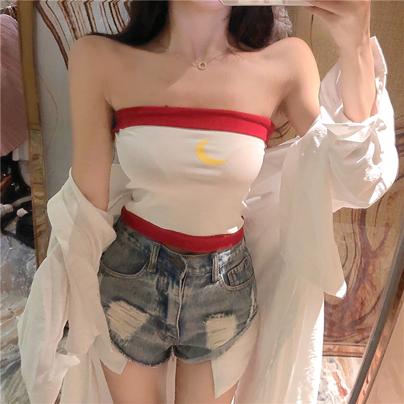 2024 new summer style playful moon print slim fit short tube top vest for women to wear as a bestie outfit bottoming top for women