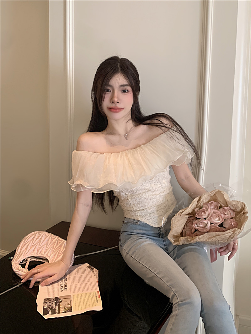 Real shot of irregular and chic tops for women, new summer design, fashionable ruffled one-shoulder shirts