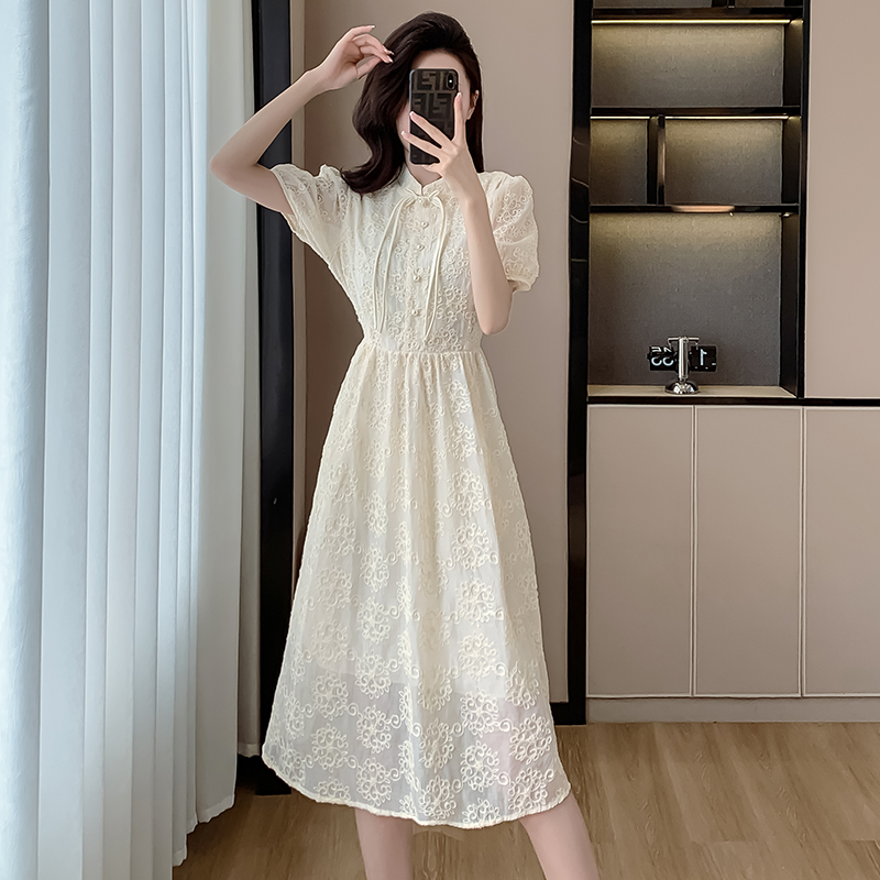 實拍新中式雪紡連衣裙子夏季2024年新款國風女裝短袖高級收腰顯瘦