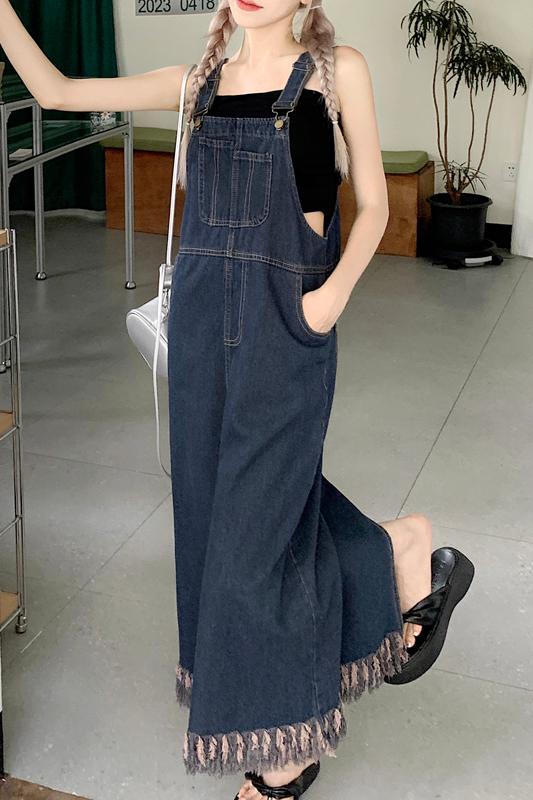 Actual shot of 2024 new spring and summer mid-length age-reducing student suspender long skirt French retro suspender denim skirt