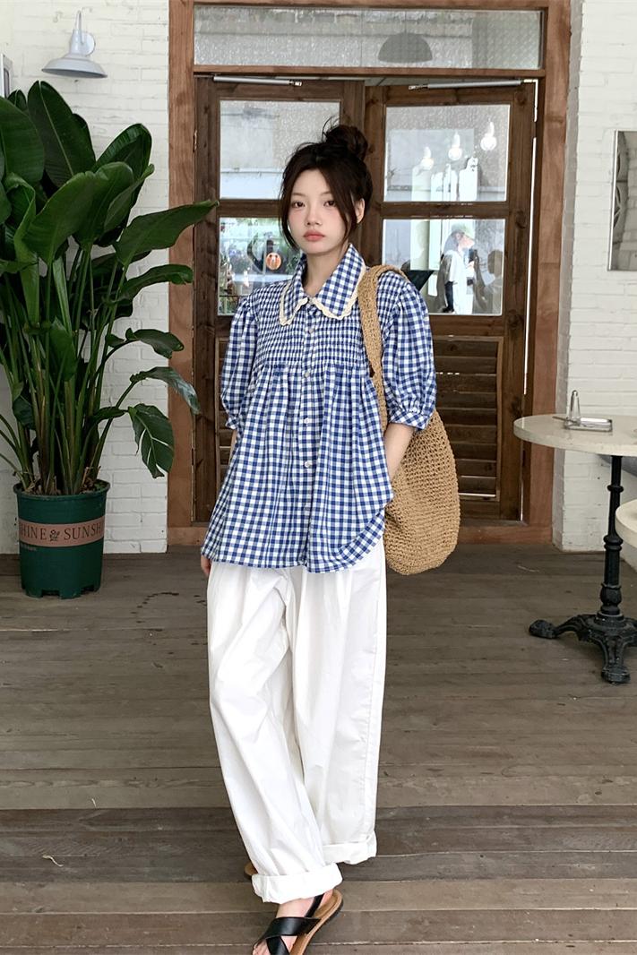 Real shot ~ blue plaid shirt spring women's 2024 new early spring new doll collar shirt