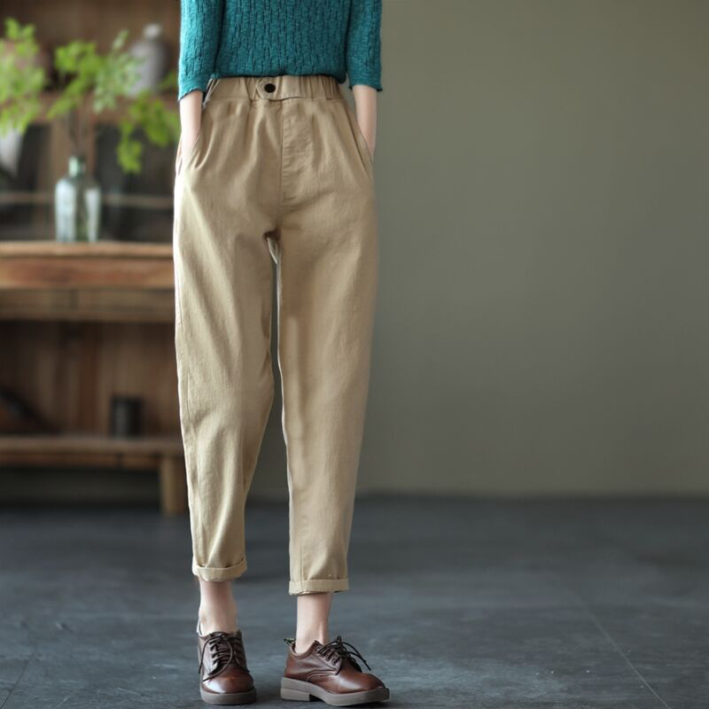 New Retro Cotton Casual Pants Women's Solid Color Thin Elastic Waist Spring and Autumn Slim Harem Pants Nine-Point Pants