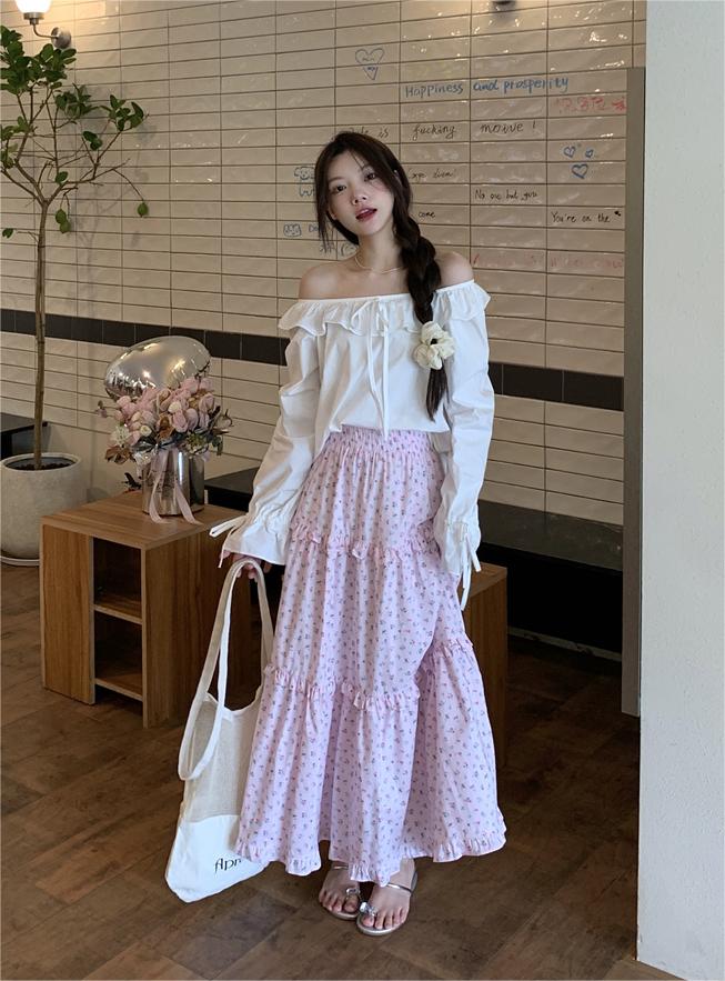 Actual shot ~ 2024 Korean style loose and versatile ruffle collar straight shoulder trumpet sleeve shirt + small floral skirt