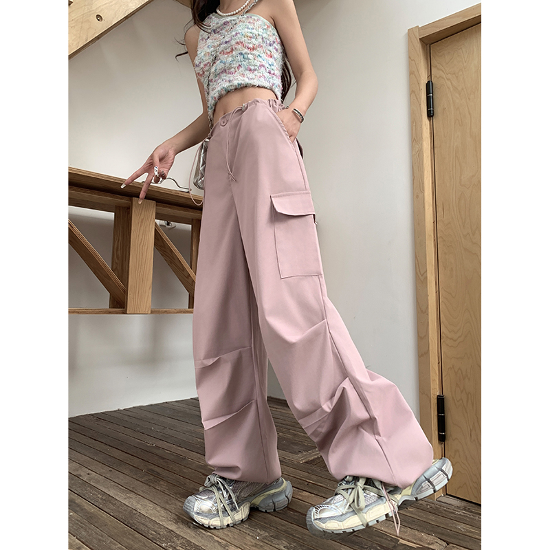 Real shot! 2024 new personalized overalls drawstring leg straight casual loose wide leg pants for women