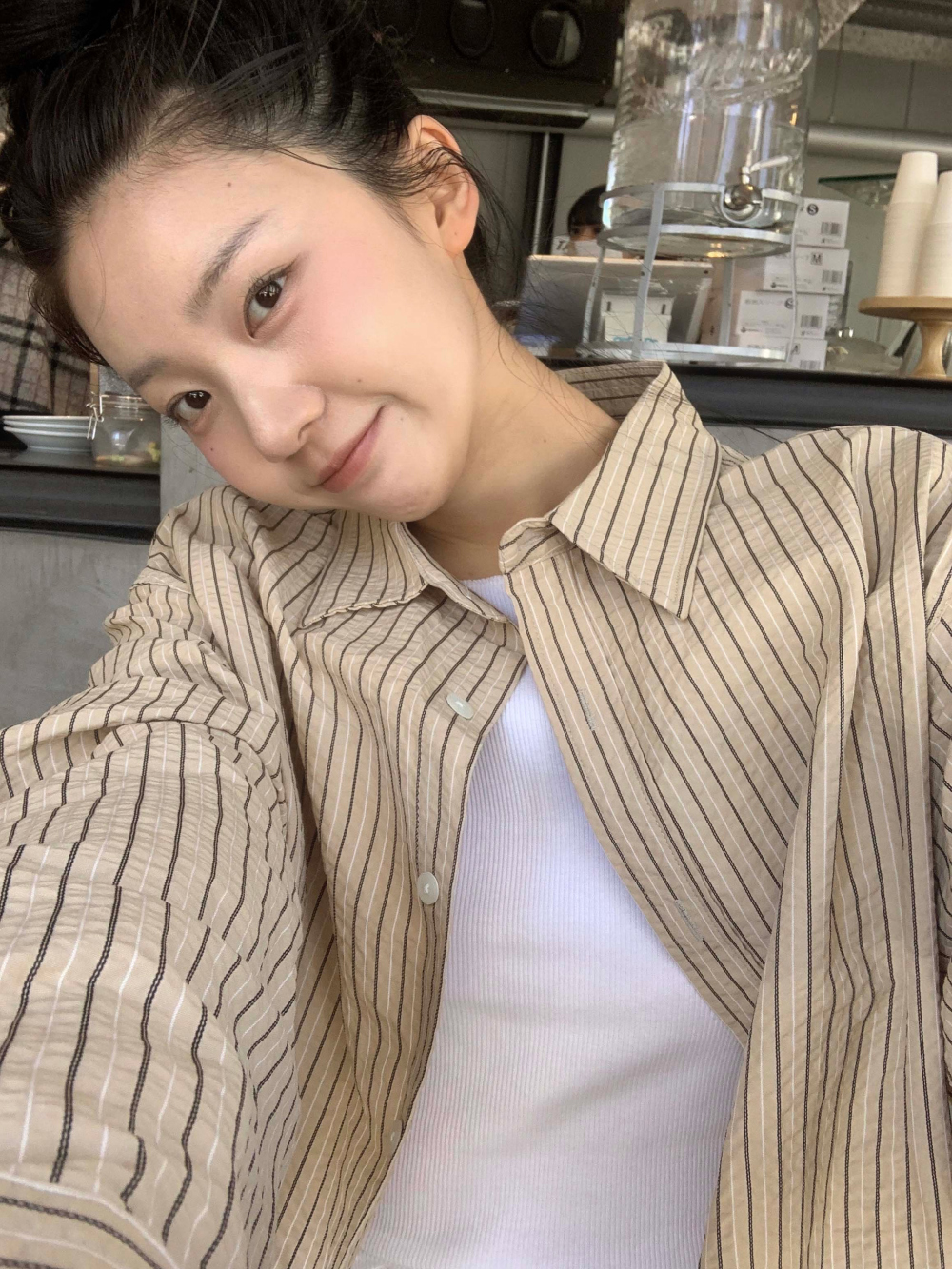 韩国chic春日气质宽松长袖衬衫女条纹衬衣