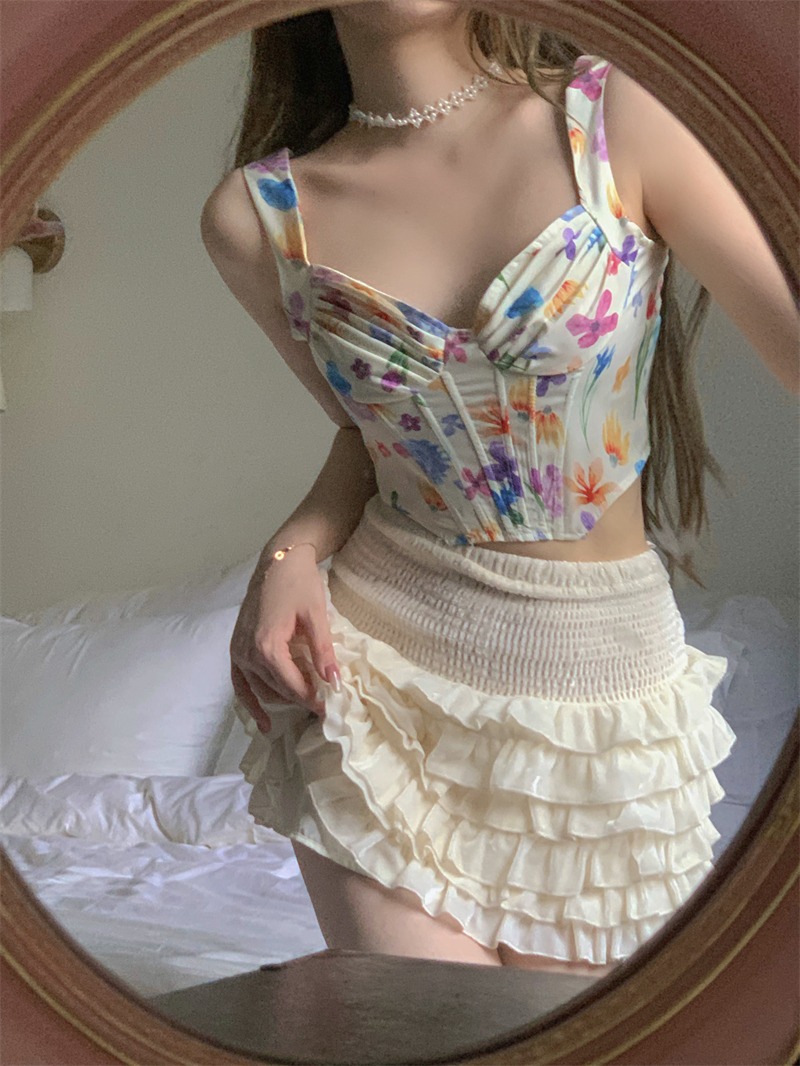 Real shot~Floral camisole female pure lust sweet hottie sexy fishbone slimming short tube top