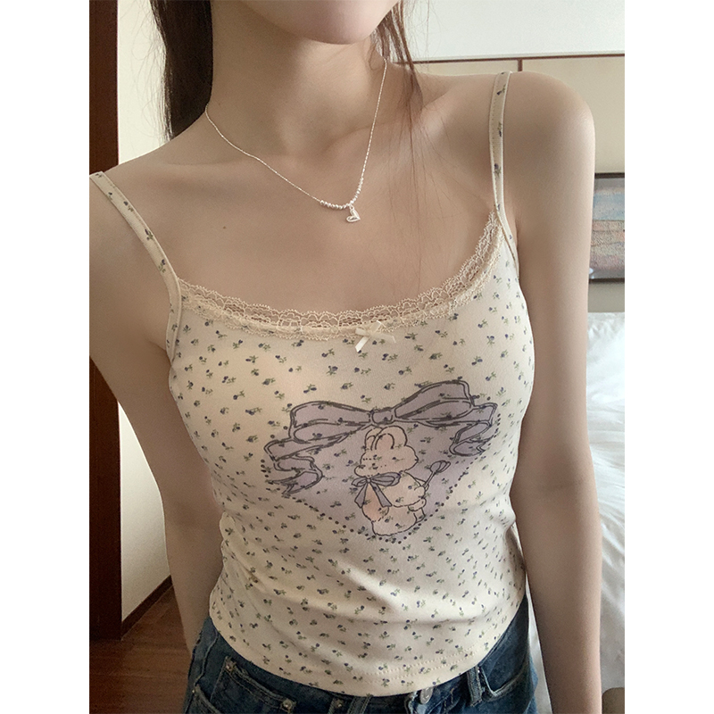 Real shot of retro French girl's lace cartoon printed small suspender women's outer wear slim vest