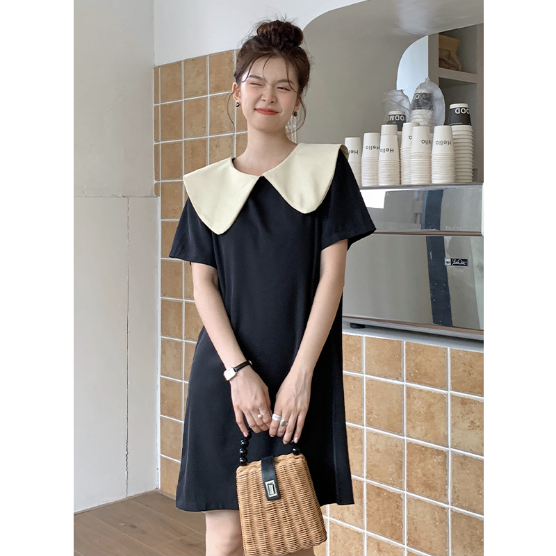 Actual shot of 2024 summer Korean style loose temperament contrasting color age-reducing doll collar bow reversible dress