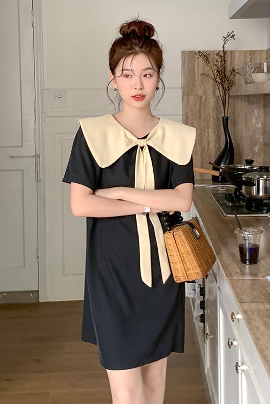 Actual shot of 2024 summer Korean style loose temperament contrasting color age-reducing doll collar bow reversible dress