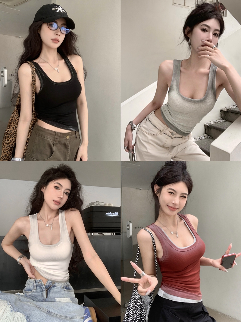 Real shot of summer hot girl style slim fit elastic thread outer wear anti-exposure gradient graffiti camisole