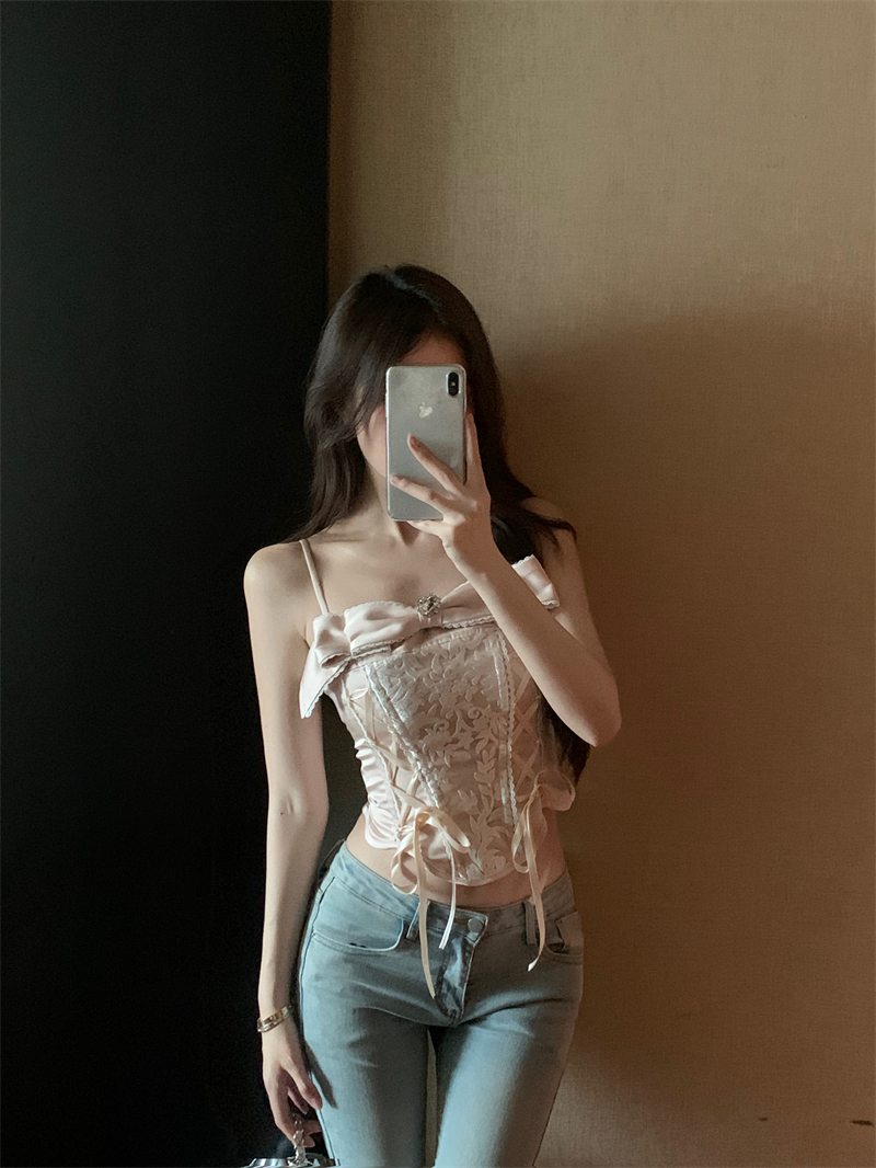 Real shot French lace camisole fishbone waist bandeau bow top