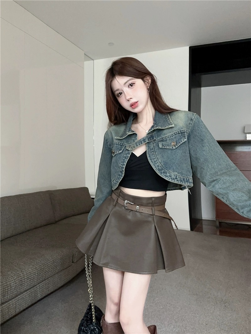Short coat for women Hong Kong style retro washed design polo collar long sleeve autumn niche new cardigan short top