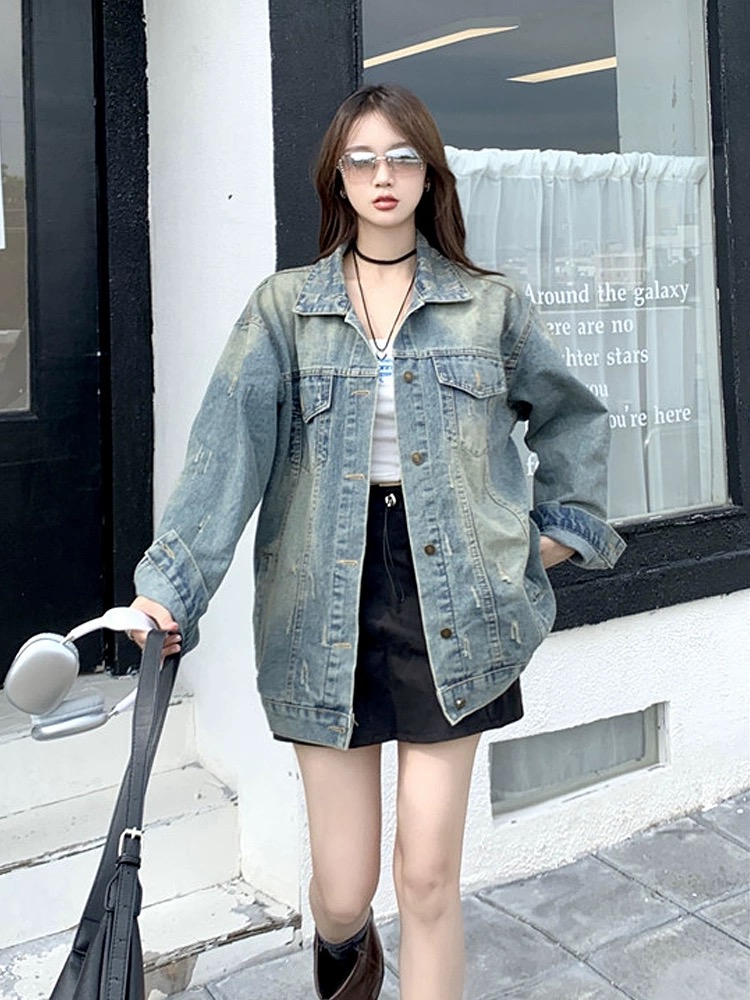 Korean style lazy style washed distressed denim jacket for women spring and autumn new retro loose slim casual jacket top