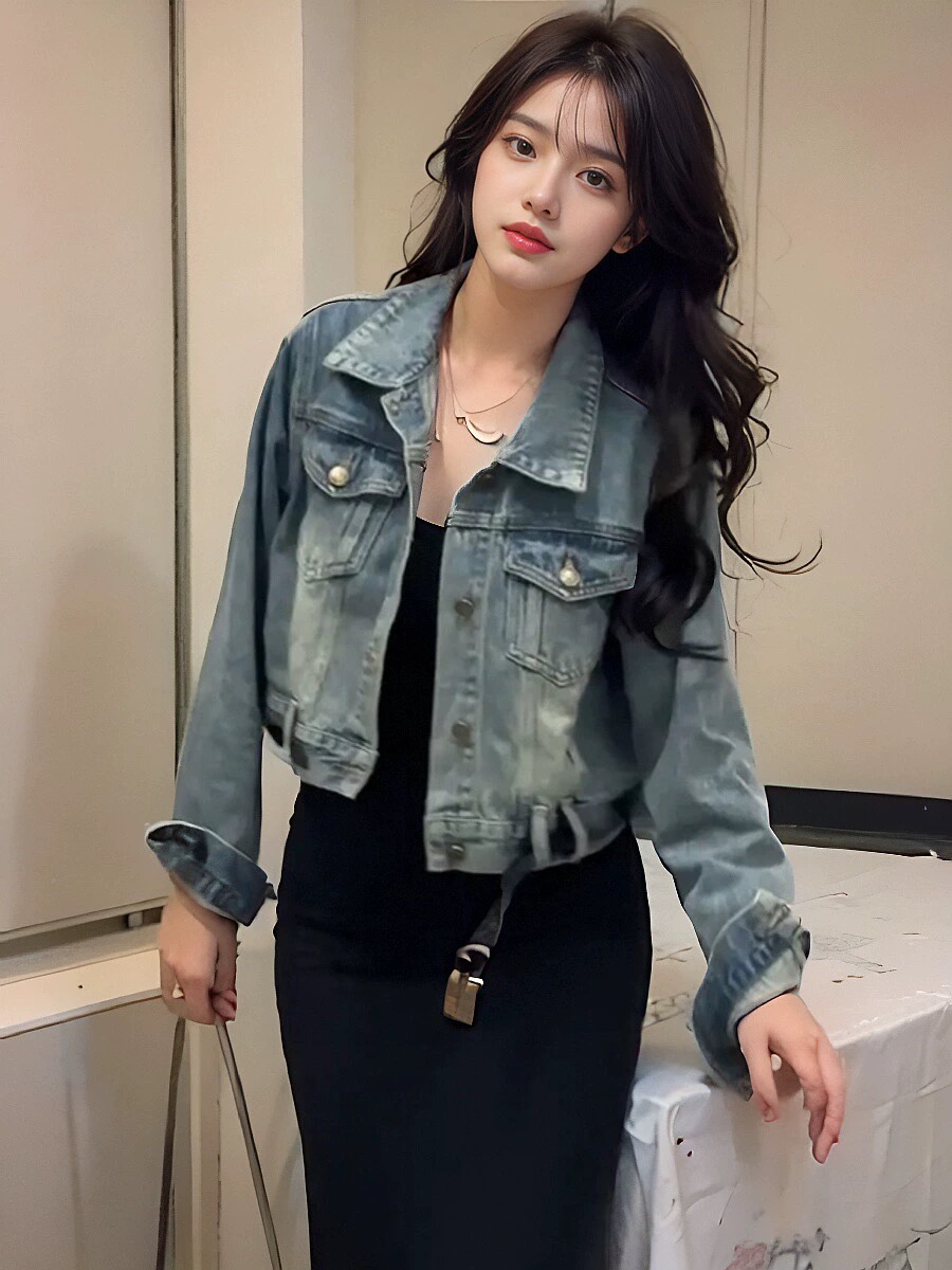 Hong Kong style retro distressed washed denim jacket for women spring fashion personality chic loose short jacket top fashion