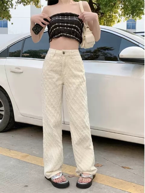 White High Waist Diamond Check Crochet Jeans Women's 2024 Spring New Jacquard Design Wide Leg Pants Trousers