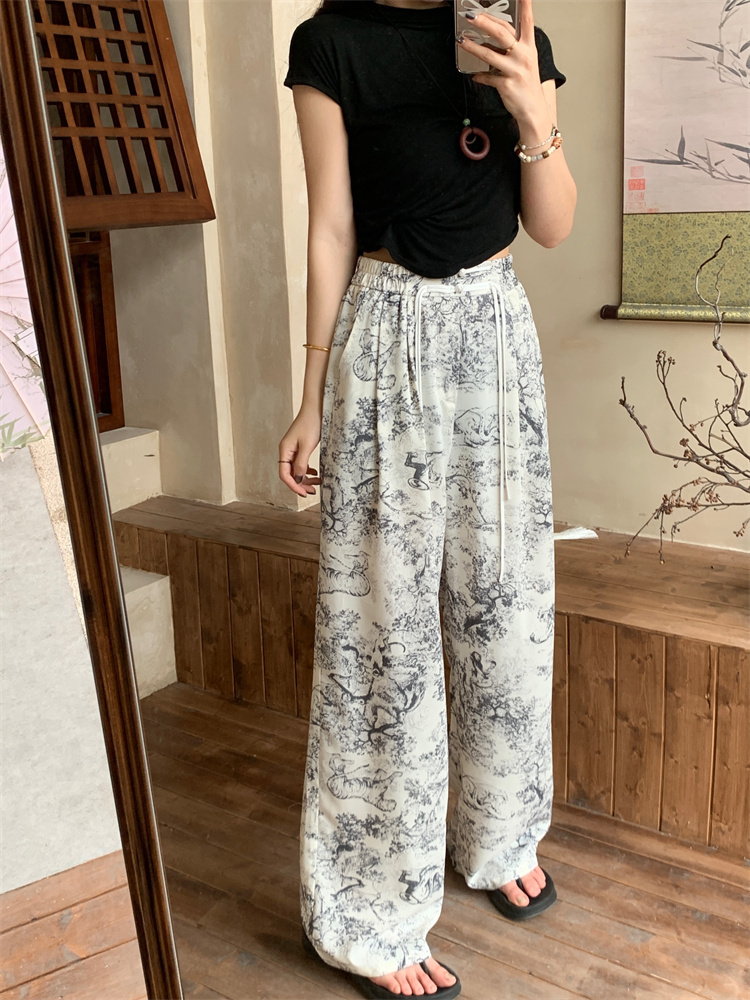 Ink painting tie-dye ice silk wide-leg pants for women summer thin high-waist drape slimming national style buckle narrow straight pants