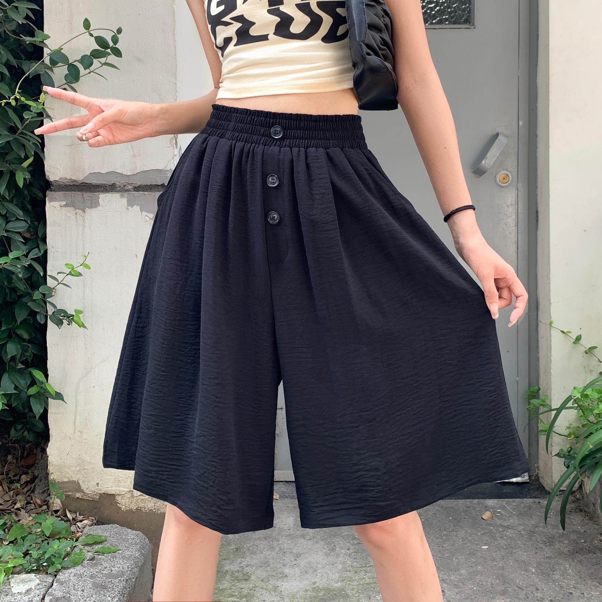 7380 real shot of large size summer thin medium-length trousers shorts high-waisted wide-leg women's culottes loose and slim