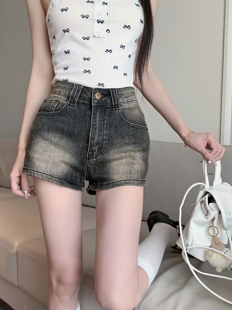 Actual shot #New denim shorts for women, washed design, back pocket flap, sexy super shorts for hot girls