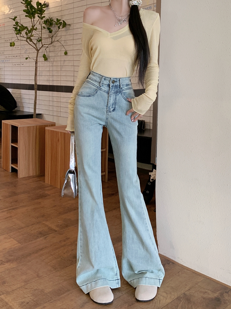 Actual shot #New micro-flared denim trousers for women, retro design, slimming, wide-footed floor-length trousers