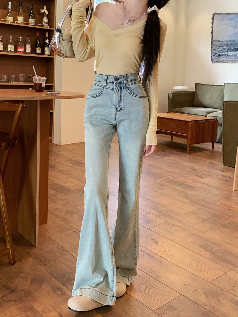 Actual shot #New micro-flared denim trousers for women, retro design, slimming, wide-footed floor-length trousers
