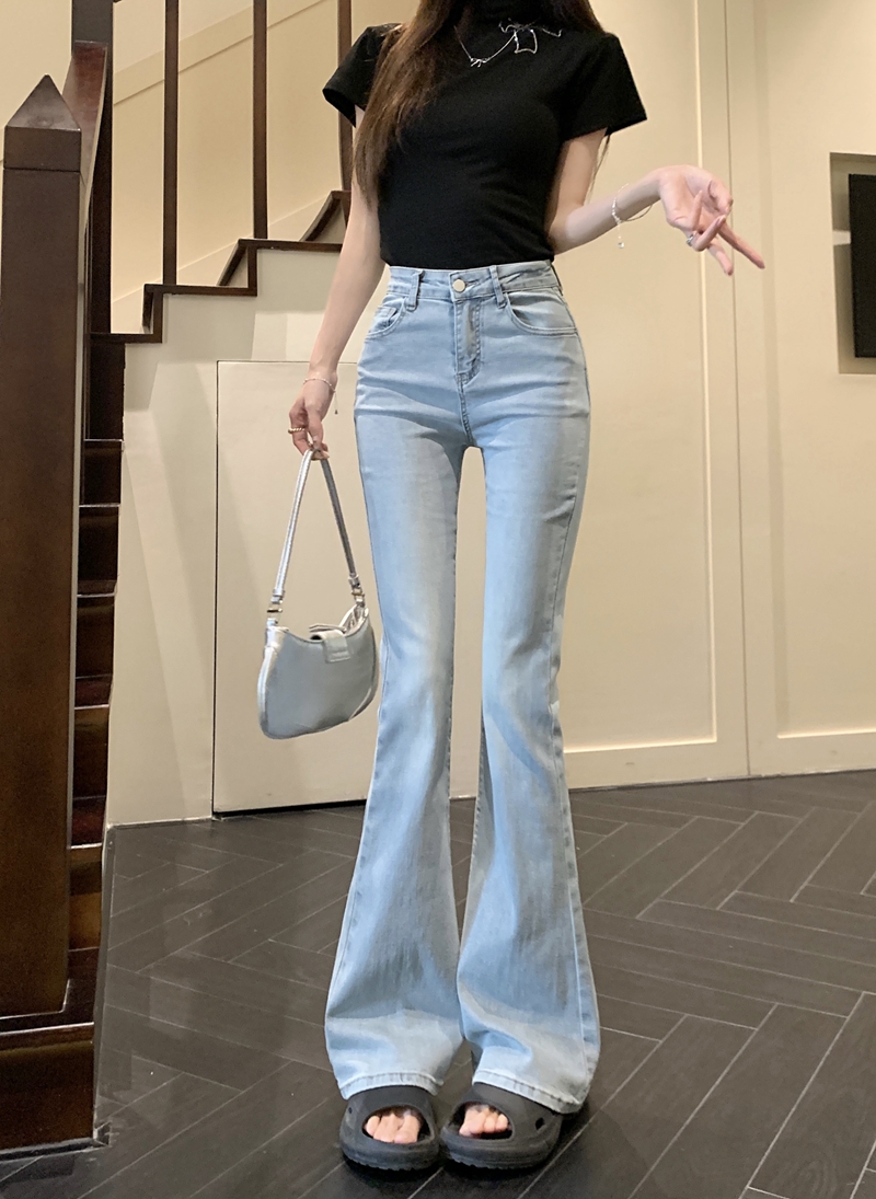 Actual shot#High-waisted micro-flared denim trousers for women with design back pocket bow embroidered floor mopping trousers