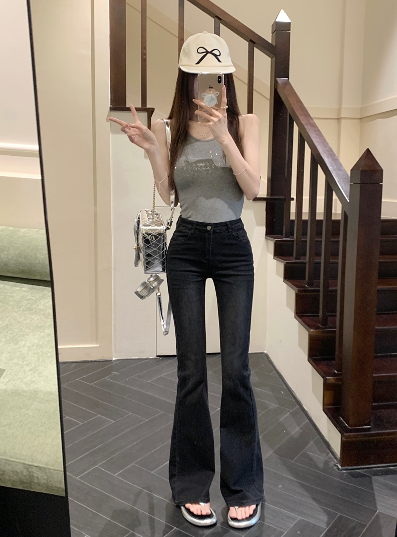 Actual shot#High-waisted micro-flared denim trousers for women with design back pocket bow embroidered floor mopping trousers