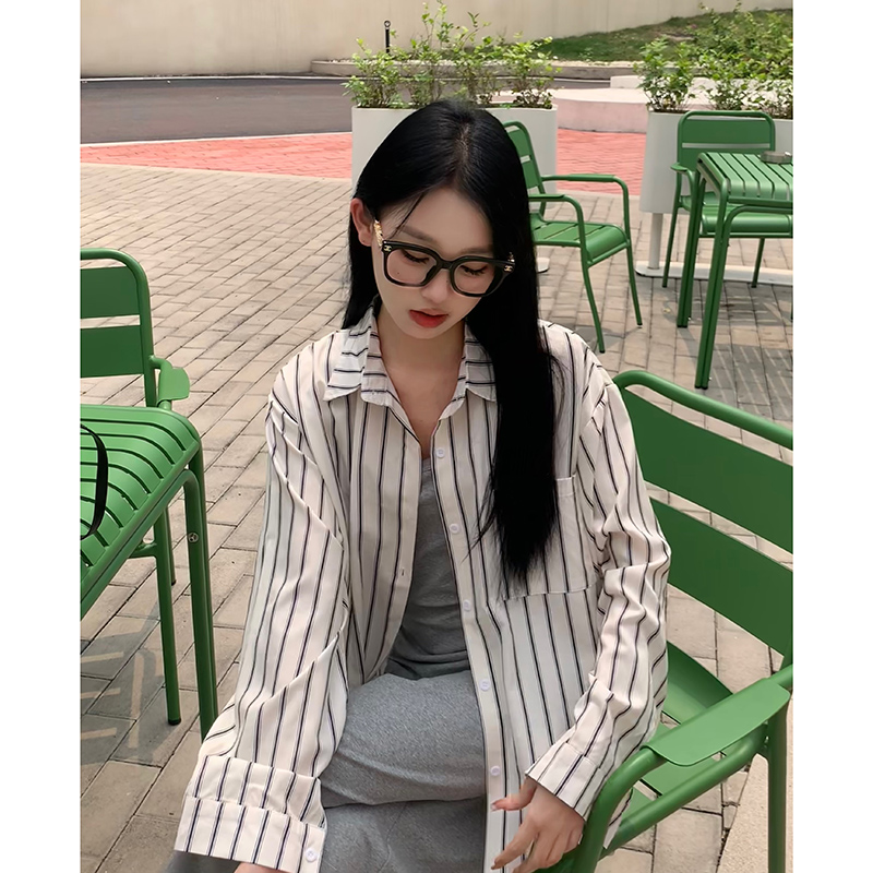 Real shot striped shirt women's summer design long-sleeved top loose Korean style sun protection shirt