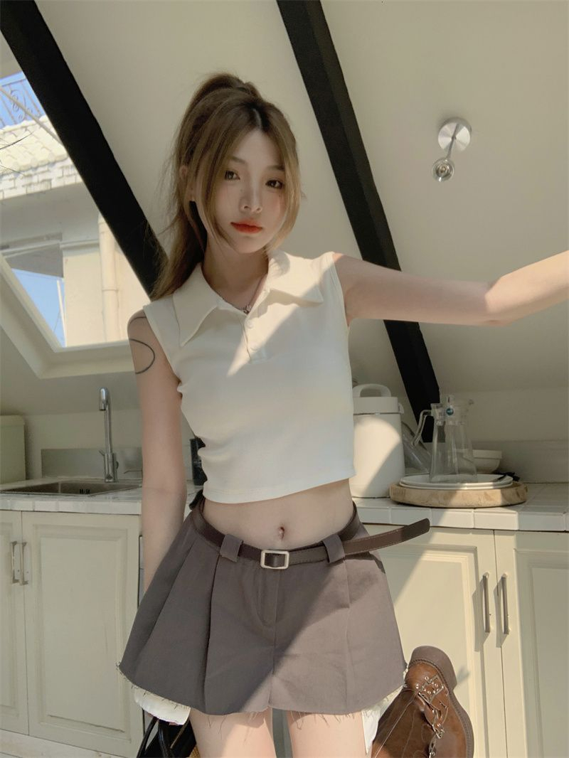Official Photo Women's Summer Hot Girl Navel Bare Slim Fit Short Top Retro Design Polo Collar Button Sleeveless T-Shirt