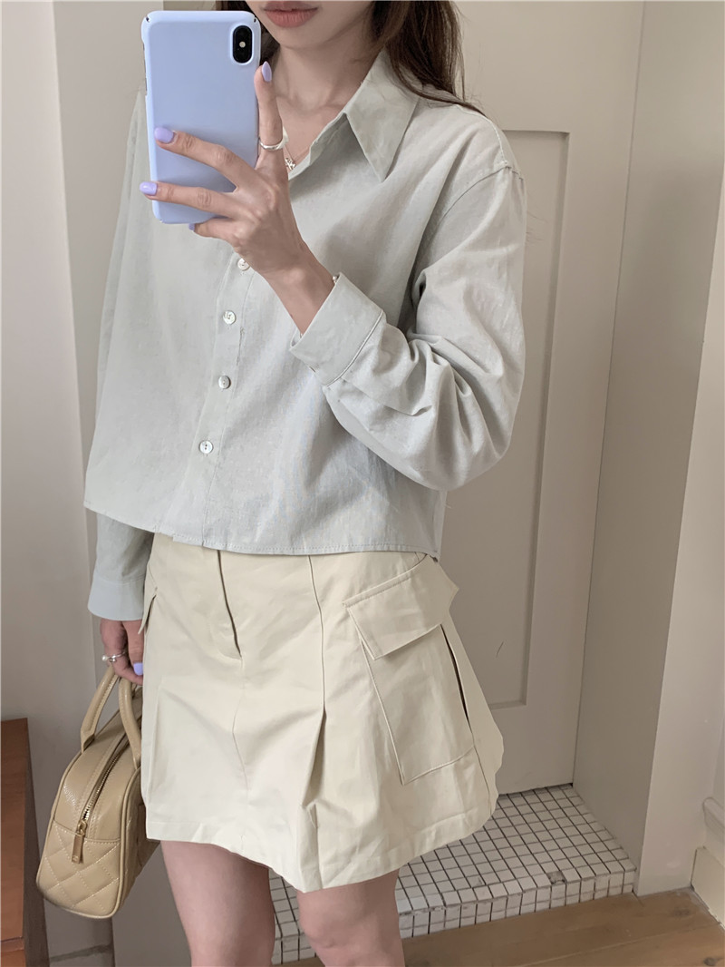 韩版简约后背设计感短款纯色长袖开衫衬衫