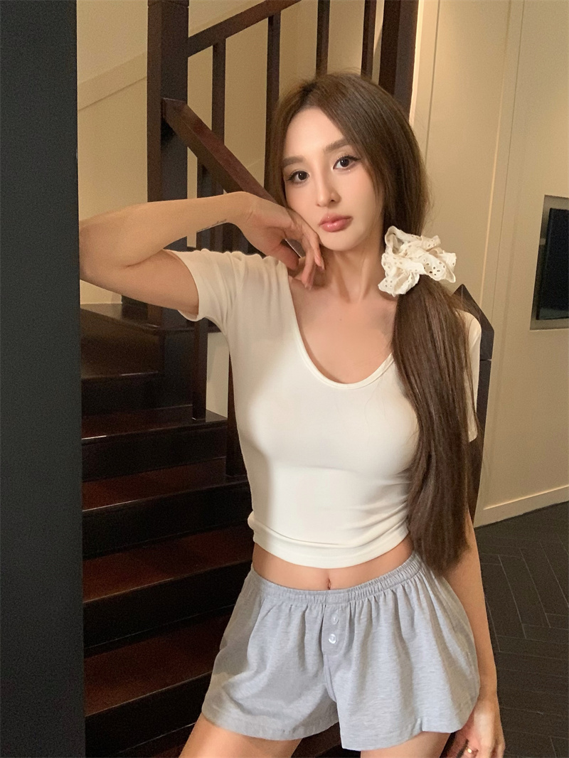 Actual shot of new summer style~simple solid color slimming short T-shirt top