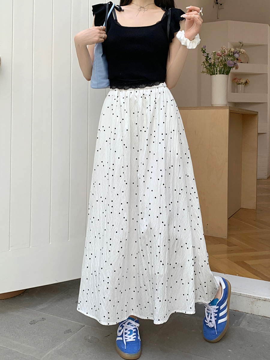 Actual shot ~ Spring new polka-dot Korean style high-waisted versatile slimming hip-covering A-line skirt
