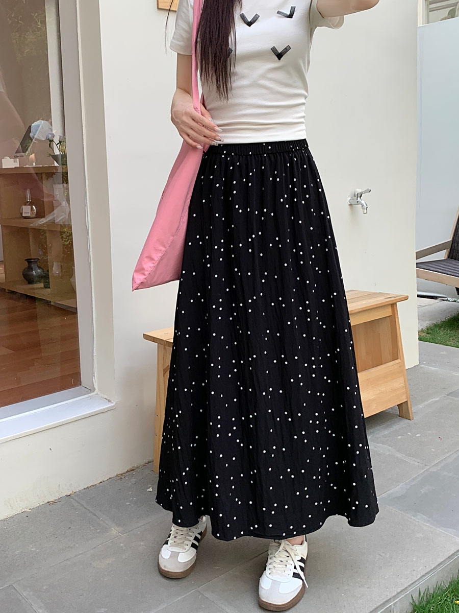 Actual shot ~ 2024 spring elastic waist, polka dots, high waist, gentle style, slimming, hip-covering and drapey A-line skirt