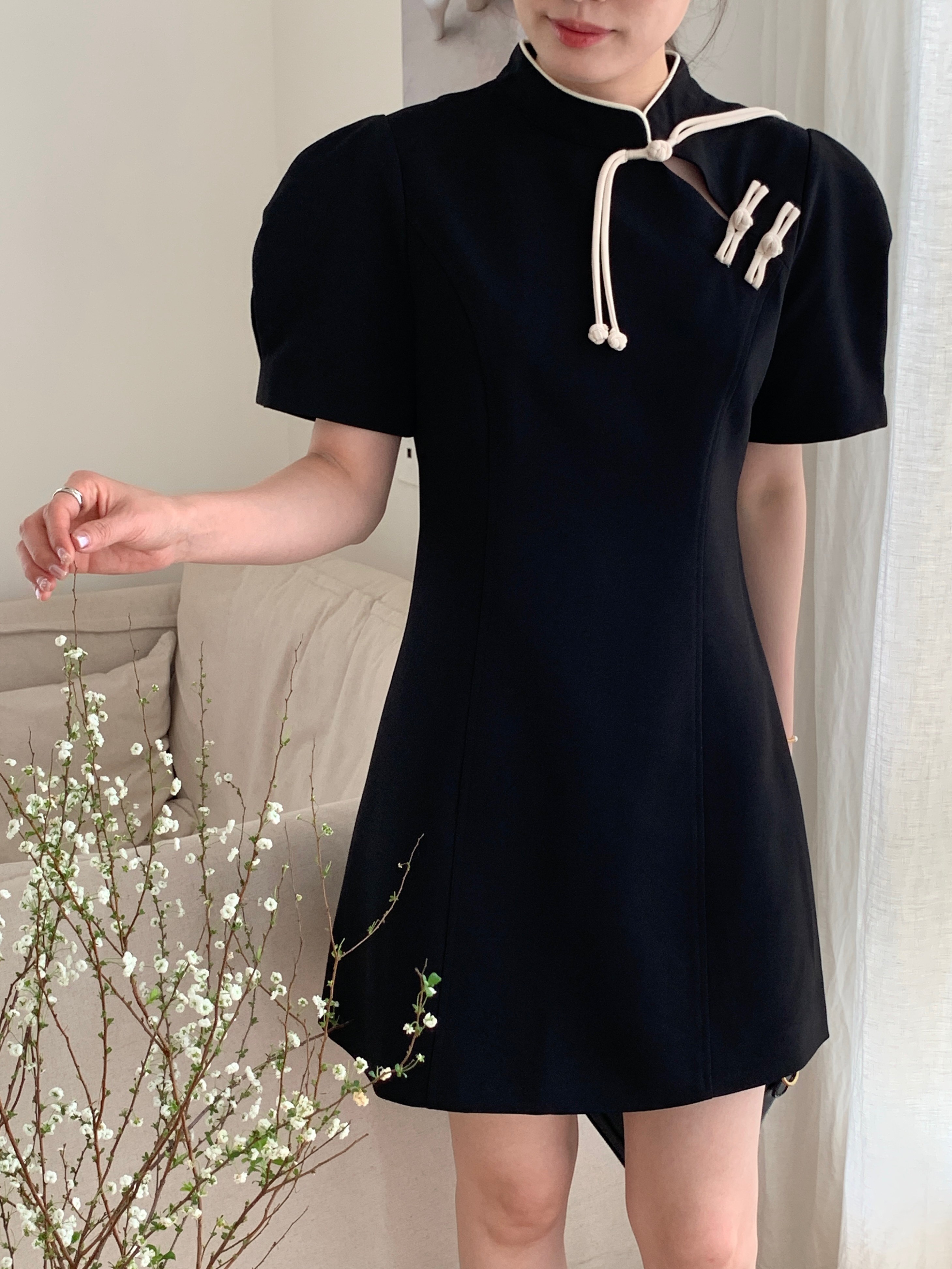 Actual shot of new Chinese style design, buttoned stand-up collar, contrasting waist, slimming short dress, three colors