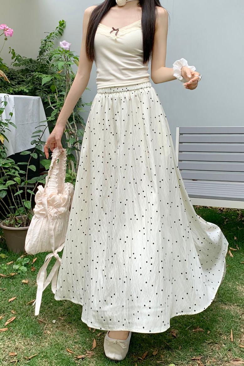 Actual shot ~ Spring new polka-dot Korean style high-waisted versatile slimming hip-covering A-line skirt