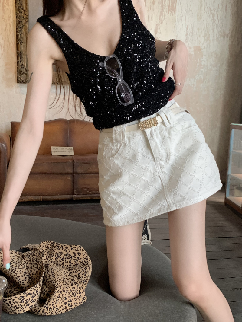 Real shot of summer rhombus crochet denim skirt mini skirt with lining